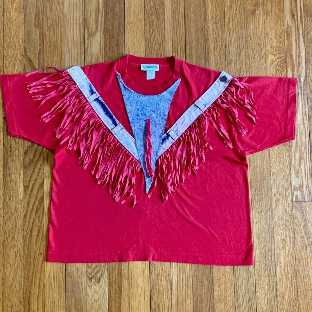 Womens Vintage 1980's Red Gepetto Tasseled Southwestern  Western Rodeo T-shirt